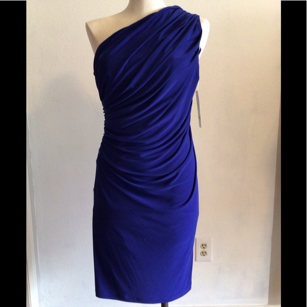 Evan-Picone One Shoulder Royal Blue Knit Dress. 6